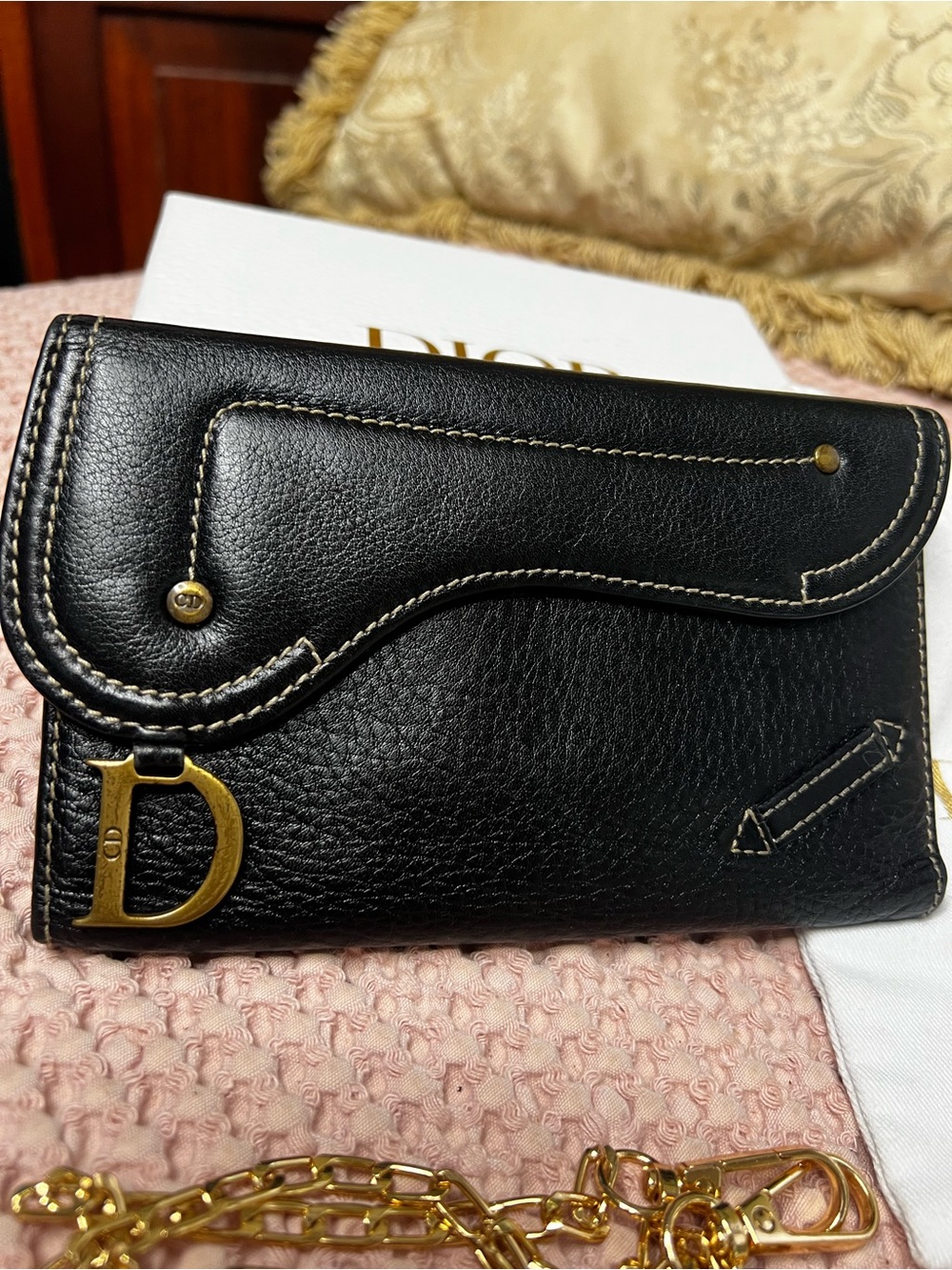 Christian Dior Vintage 2004 Saddle Black Leather Wallet D Charm Y2K